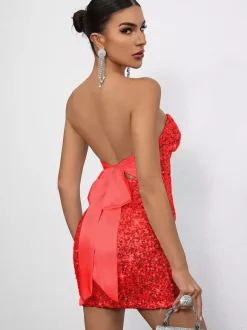 Sequin Bodycon Mini Dress With Sweetheart Neck And Bow Back For Parties 2026