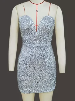 Sequin Bodycon Mini Dress With Sweetheart Neck And Bow Back For Parties 2026
