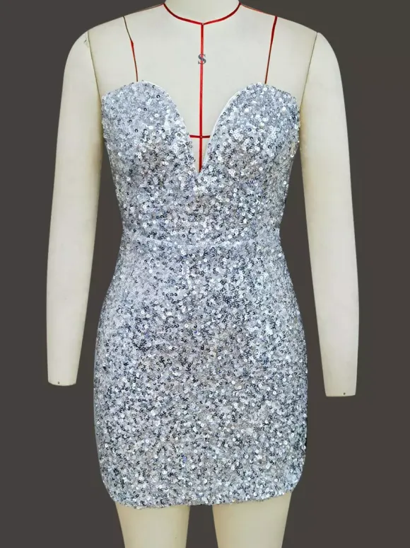 Sequin Bodycon Mini Dress With Sweetheart Neck And Bow Back For Parties 2026