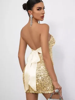 Sequin Bodycon Mini Dress With Sweetheart Neck And Bow Back For Parties 2026