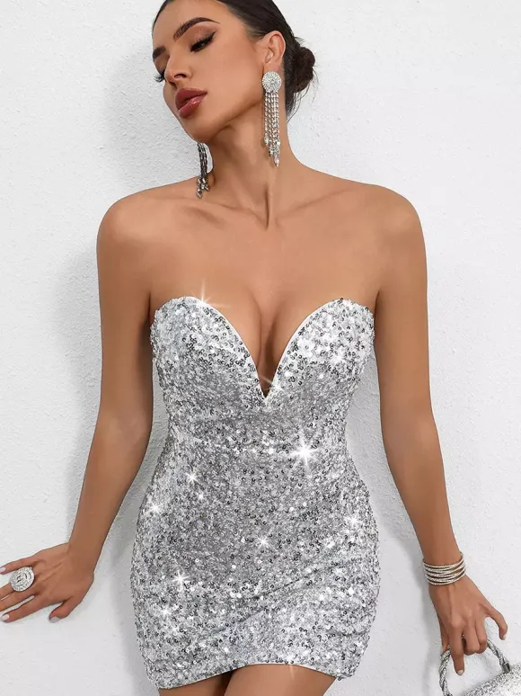 Sequin Bodycon Mini Dress With Sweetheart Neck And Bow Back For Parties 2026