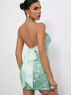Sequin Bodycon Mini Dress With Sweetheart Neck And Bow Back For Parties 2026
