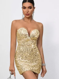 Sequin Bodycon Mini Dress With Sweetheart Neck And Bow Back For Parties 2026