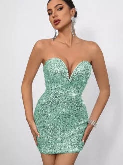 Sequin Bodycon Mini Dress With Sweetheart Neck And Bow Back For Parties 2026