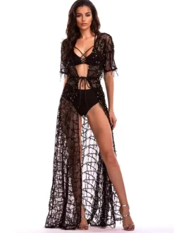 Sequin Cover-up Half Sleeve Sexy Sheer Beachwear For Women 2026