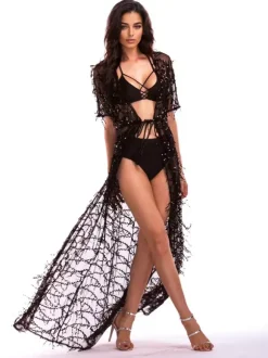Sequin Cover-up Half Sleeve Sexy Sheer Beachwear For Women 2026