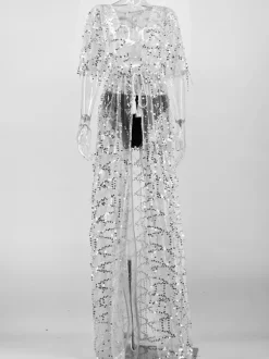 Sequin Cover-up Half Sleeve Sexy Sheer Beachwear For Women 2026