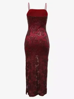 Sequin Floral Embroidery Sheer Hem Bodycon Maxi Dress For Women 2026