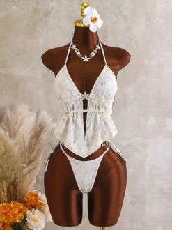 Sequin Halter Tankini Set For Women - Floral Applique 2 Piece Swimsuit With Starfish Charm - Summer Beach Party 2026