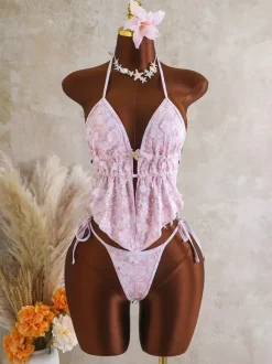 Sequin Halter Tankini Set For Women - Floral Applique 2 Piece Swimsuit With Starfish Charm - Summer Beach Party 2026