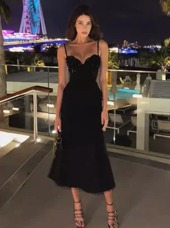 Sequin Midi Slip Dress For Women - Black Elegant Mermaid Hem Spaghetti Strap Cami Gown - Summer Evening Partywear 2026