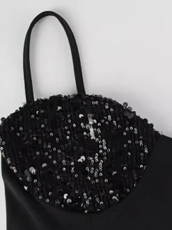 Sequin Midi Slip Dress For Women - Black Elegant Mermaid Hem Spaghetti Strap Cami Gown - Summer Evening Partywear 2026