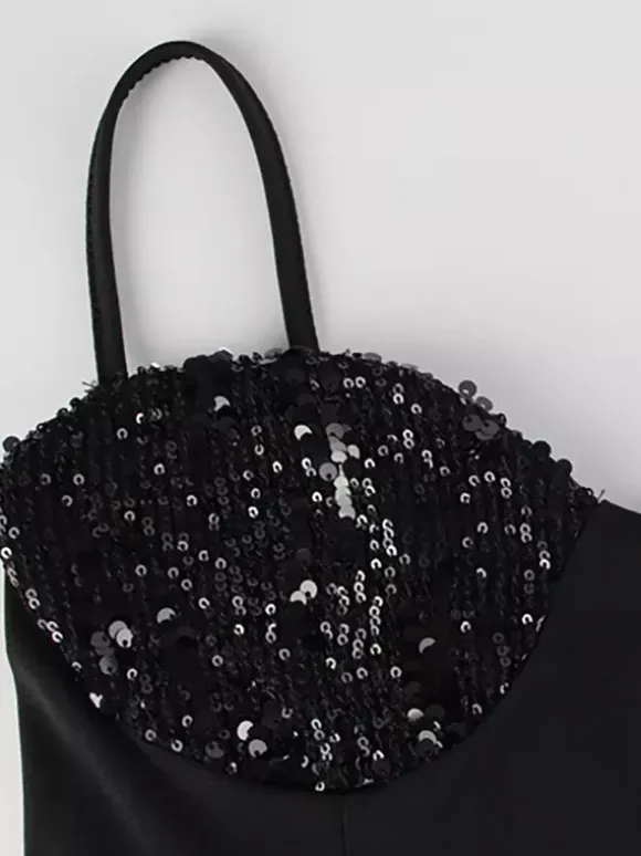 Sequin Midi Slip Dress For Women - Black Elegant Mermaid Hem Spaghetti Strap Cami Gown - Summer Evening Partywear 2026