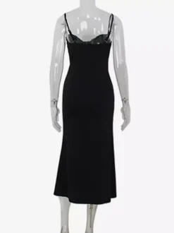 Sequin Midi Slip Dress For Women - Black Elegant Mermaid Hem Spaghetti Strap Cami Gown - Summer Evening Partywear 2026