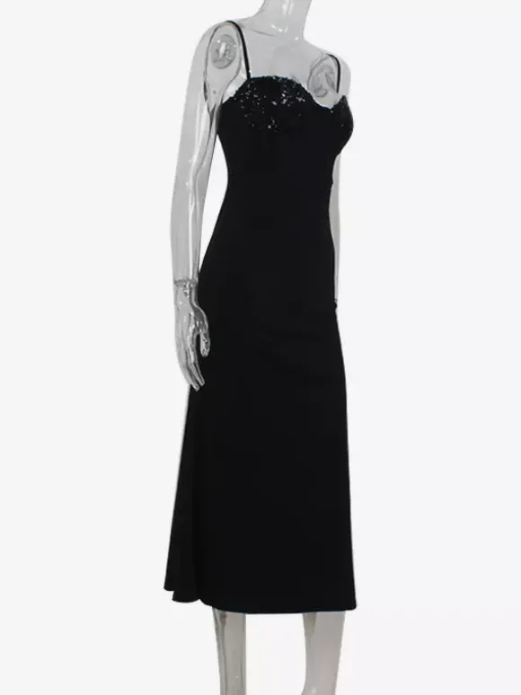 Sequin Midi Slip Dress For Women - Black Elegant Mermaid Hem Spaghetti Strap Cami Gown - Summer Evening Partywear 2026