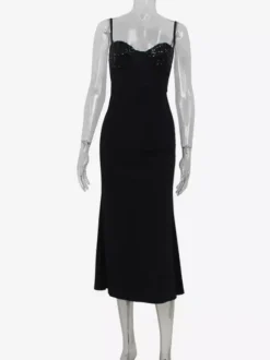 Sequin Midi Slip Dress For Women - Black Elegant Mermaid Hem Spaghetti Strap Cami Gown - Summer Evening Partywear 2026