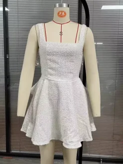 Sequin Mini Dress With Bow Back Square Neck A-Line Birthday Party Dress For Women 2026