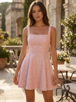 Sequin Mini Dress With Bow Back Square Neck A-Line Birthday Party Dress For Women 2026