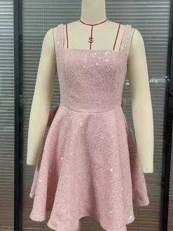 Sequin Mini Dress With Bow Back Square Neck A-Line Birthday Party Dress For Women 2026