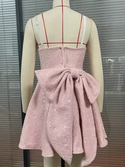 Sequin Mini Dress With Bow Back Square Neck A-Line Birthday Party Dress For Women 2026