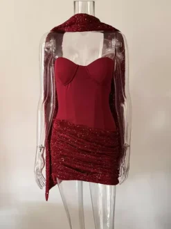 Sequin Corset Mini Party Dress With Scarf For Women 2026