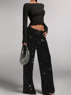 Sequin Drawstring Wide Leg Party Trousers For Women 2026