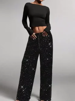 Sequin Drawstring Wide Leg Party Trousers For Women 2026