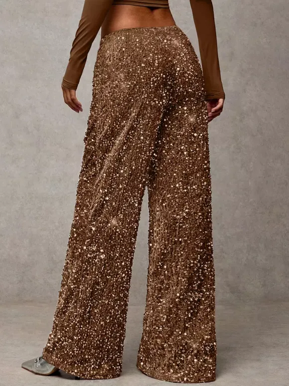 Sequin Drawstring Wide Leg Party Trousers For Women 2026