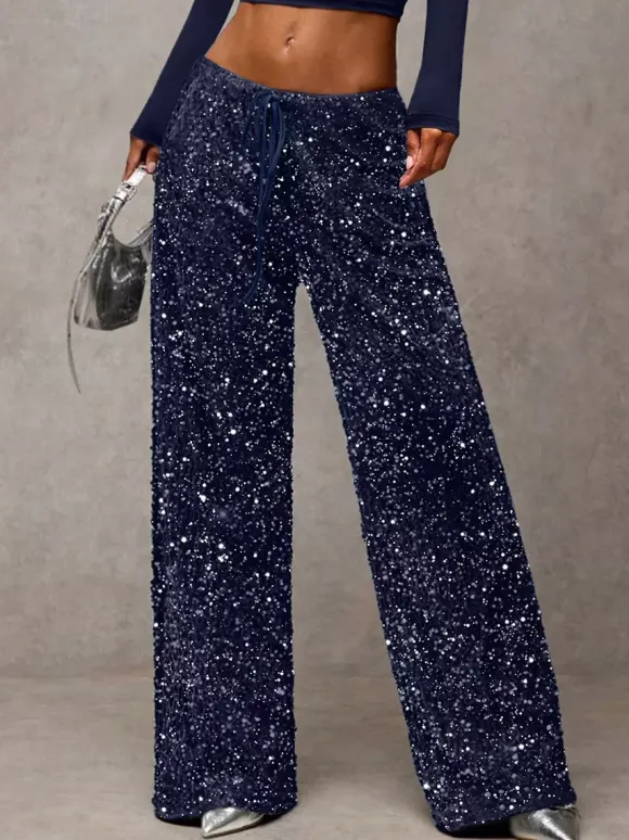 Sequin Drawstring Wide Leg Party Trousers For Women 2026