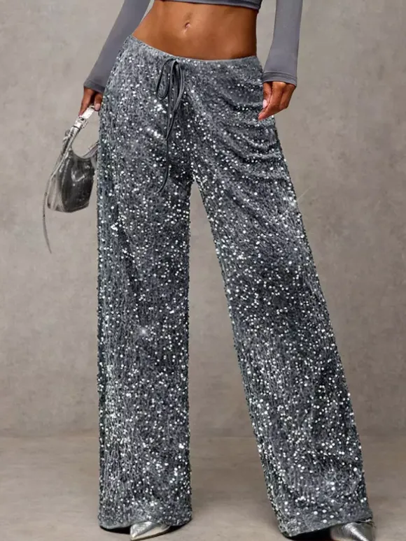Sequin Drawstring Wide Leg Party Trousers For Women 2026