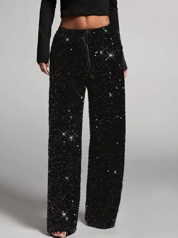 Sequin Drawstring Wide Leg Party Trousers For Women 2026
