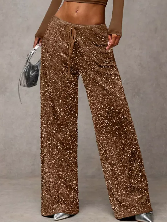 Sequin Drawstring Wide Leg Party Trousers For Women 2026