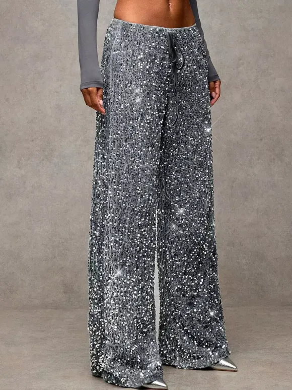 Sequin Drawstring Wide Leg Party Trousers For Women 2026