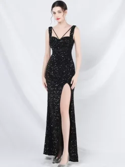 Sequined Dress Designed Neckline Backless High Slit Elegant Long Dress