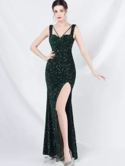 Sequined Dress Designed Neckline Backless High Slit Elegant Long Dress