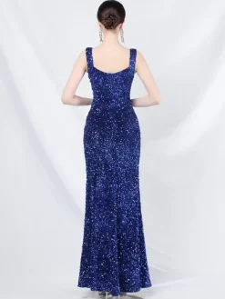 Sequined Dress Designed Neckline Backless High Slit Elegant Long Dress