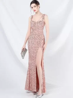 Sequined Dress Designed Neckline Backless High Slit Elegant Long Dress