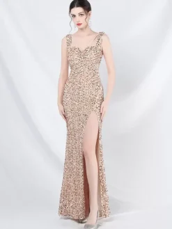 Sequined Dress Designed Neckline Backless High Slit Elegant Long Dress