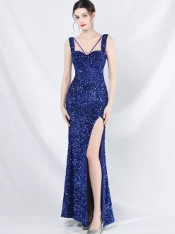 Sequined Dress Designed Neckline Backless High Slit Elegant Long Dress