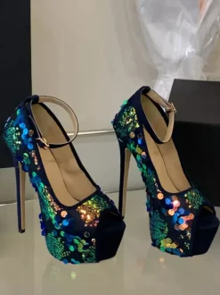 Sequined Sexy Pumps Platform Peep Toe Ankle Strap High Heels
