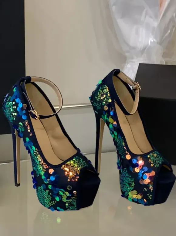 Sequined Sexy Pumps Platform Peep Toe Ankle Strap High Heels