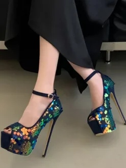 Sequined Sexy Pumps Platform Peep Toe Ankle Strap High Heels
