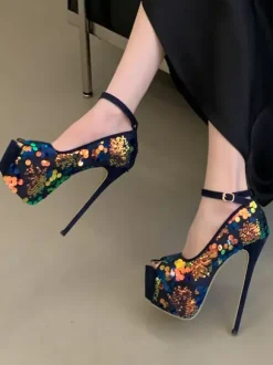 Sequined Sexy Pumps Platform Peep Toe Ankle Strap High Heels