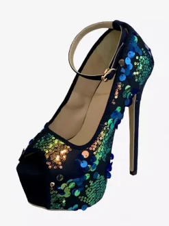 Sequined Sexy Pumps Platform Peep Toe Ankle Strap High Heels