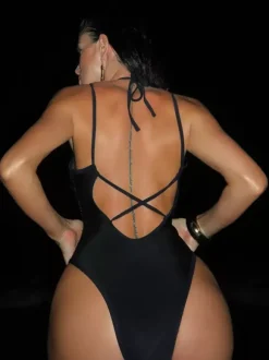 Sequined Backless V-neck One-piece Swimsuit In Black For Summer 2026