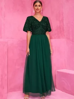 Sequined Dark Green Maxi Party Dress With High Slit For Evening Events 2026