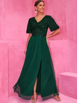 Sequined Dark Green Maxi Party Dress With High Slit For Evening Events 2026