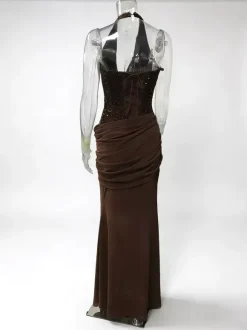 Sequined Halter Neck Mermaid Evening Gown With Ruched Waist Detail For Women 2026