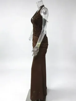 Sequined Halter Neck Mermaid Evening Gown With Ruched Waist Detail For Women 2026