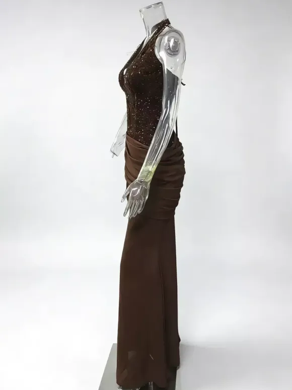 Sequined Halter Neck Mermaid Evening Gown With Ruched Waist Detail For Women 2026